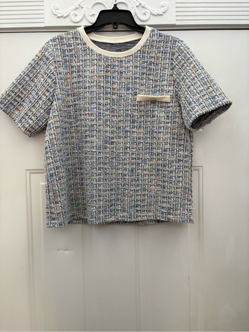 Textured Tweed Short-Sleeve Top in Blue & Cream